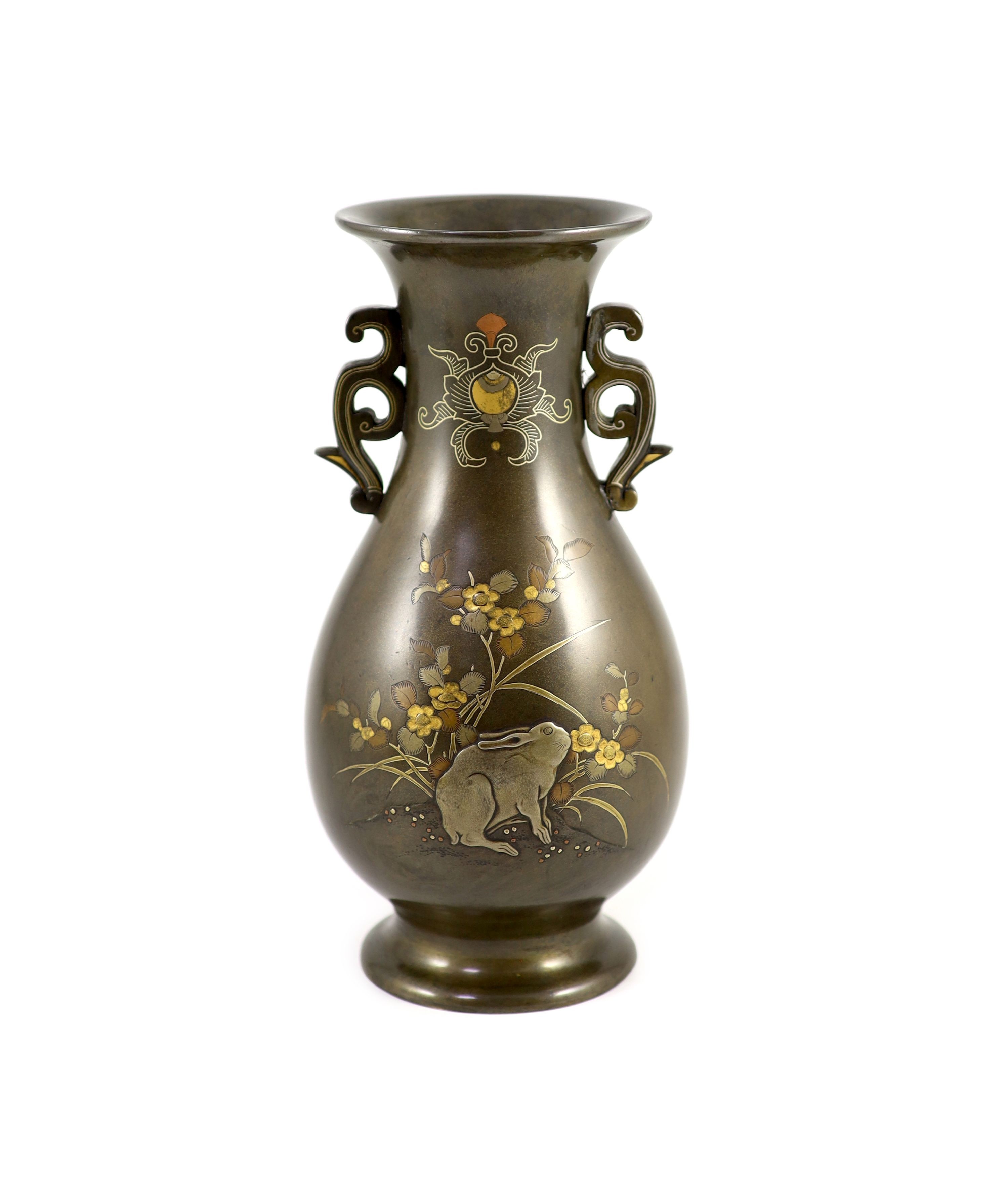 A Japanese bronze and mixed metal 'hare' vase, Meiji period, 30cm high, one handle reattached